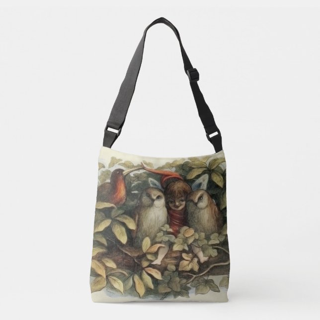 Owls and Elf Fairies Nature Illustration Crossbody Bag (Front)