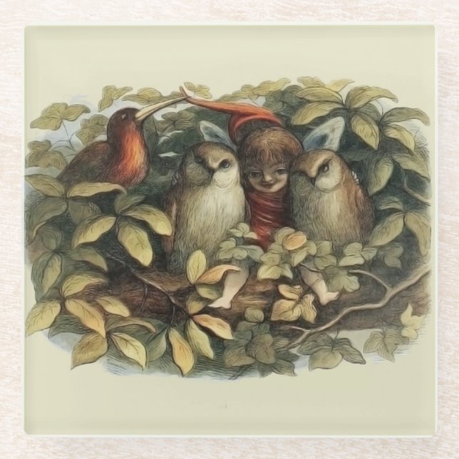 Owls and Elf Fairies Nature Illustration Glass Coaster (Front)