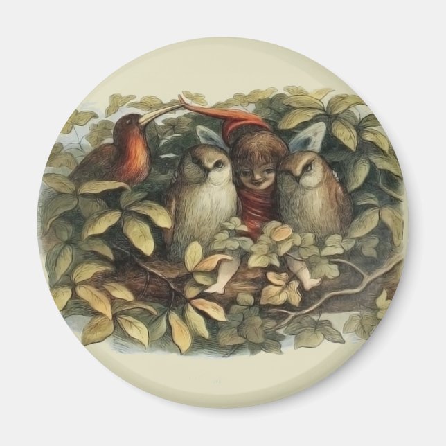 Owls and Elf Fairies Nature Illustration Magnet (Front)