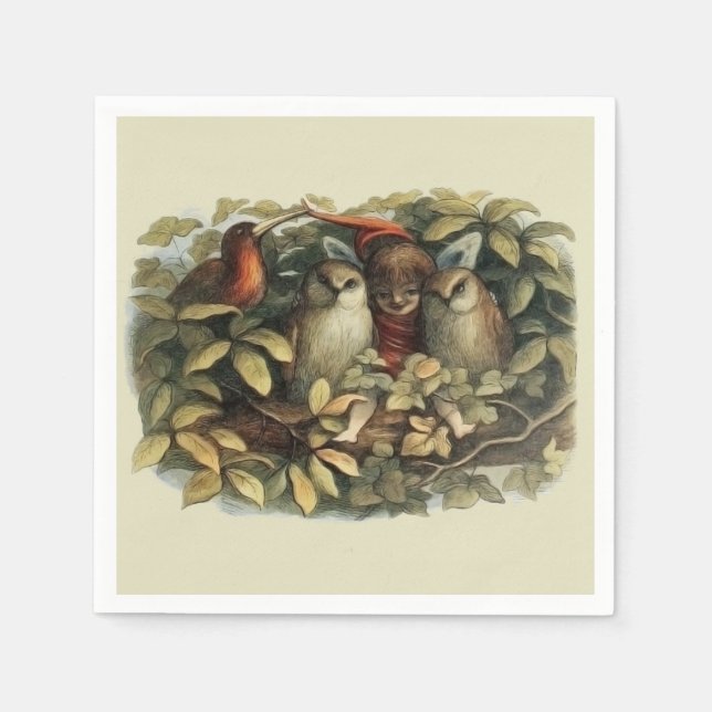 Owls and Elf Fairies Nature Illustration Napkin (Front)