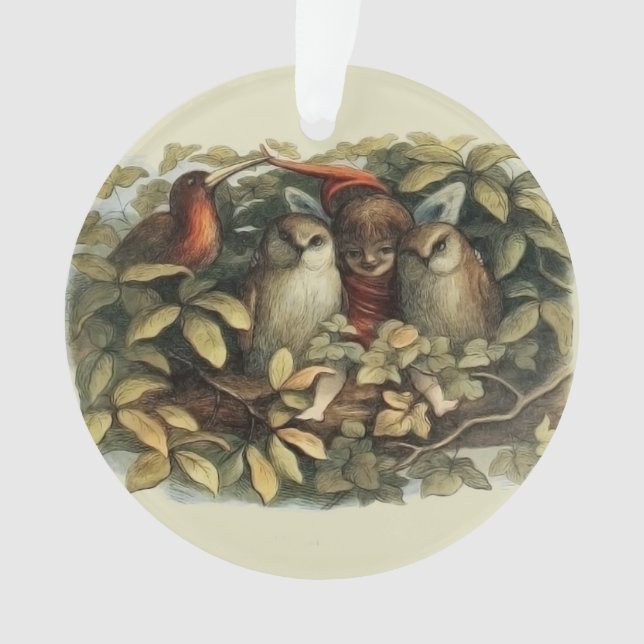 Owls and Elf Fairies Nature Illustration Ornament (Front)