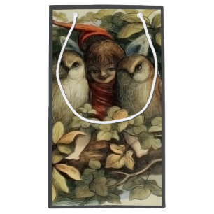 Owls and Elf Fairies Nature Illustration Small Gift Bag