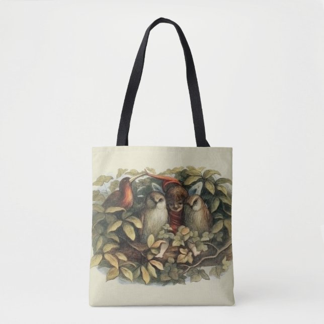 Owls and Elf Fairies Nature Illustration Tote Bag (Front)