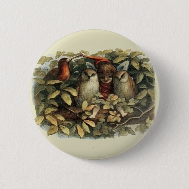 Owls and Elf Fairies Nature Rich Illustration 6 Cm Round Badge (Front)