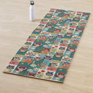 Owls And Flowers Floral Patchwork Colour Block Yoga Mat
