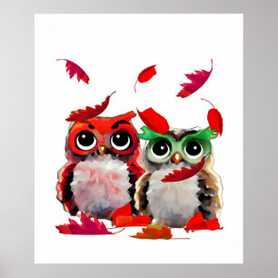 Owls and Red Leaves Poster