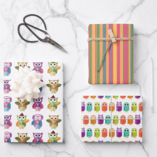 Owls and Stripes Two Wrapping Paper Sheets