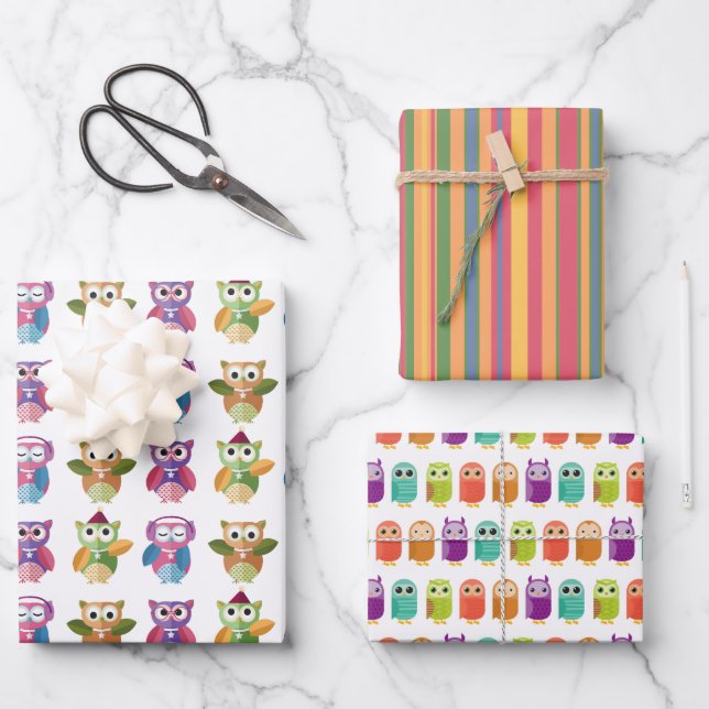 Owls and Stripes Two Wrapping Paper Sheets (Front)