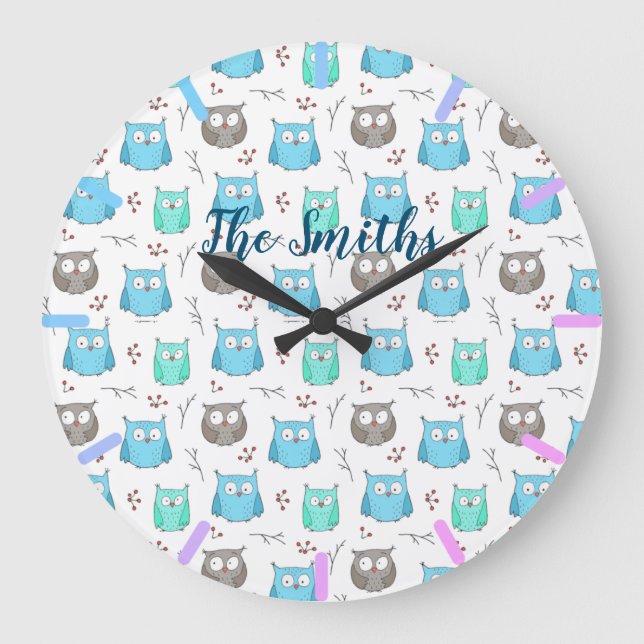 Owls & Branches Pattern Large Clock (Front)