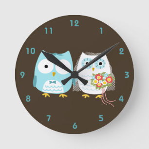 Owls Bride and Groom - Cute Wedding Couple Round Clock