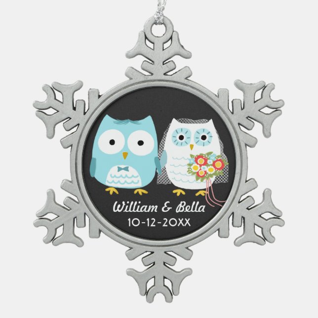 Owls Bride and Groom Just Married Couple Newlyweds Snowflake Pewter Christmas Ornament (Front)