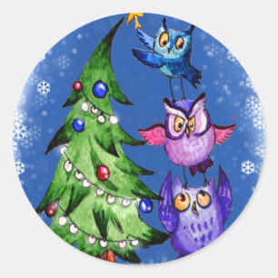 Owls Christmas blue Classic Round Sticker