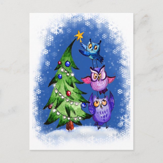Owls Christmas blue Holiday Postcard (Front)