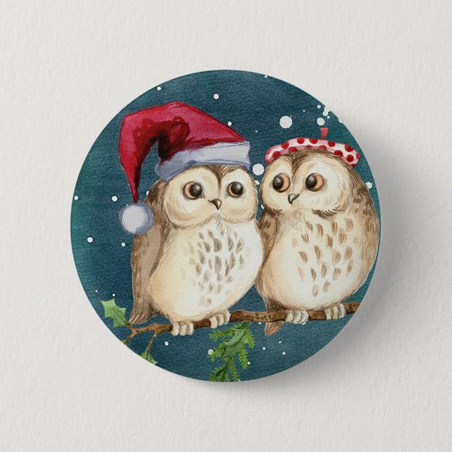 Owls Christmas Eve  Night Santa Red Hat  6 Cm Round Badge (Front)