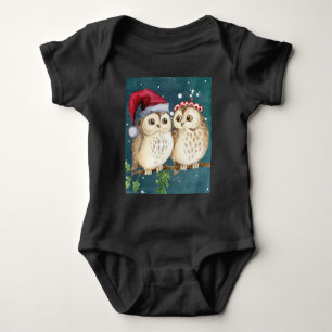Owls Christmas Eve  Night Santa Red Hat  Baby Bodysuit