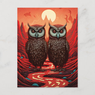 Owls couple on the mountains postcard