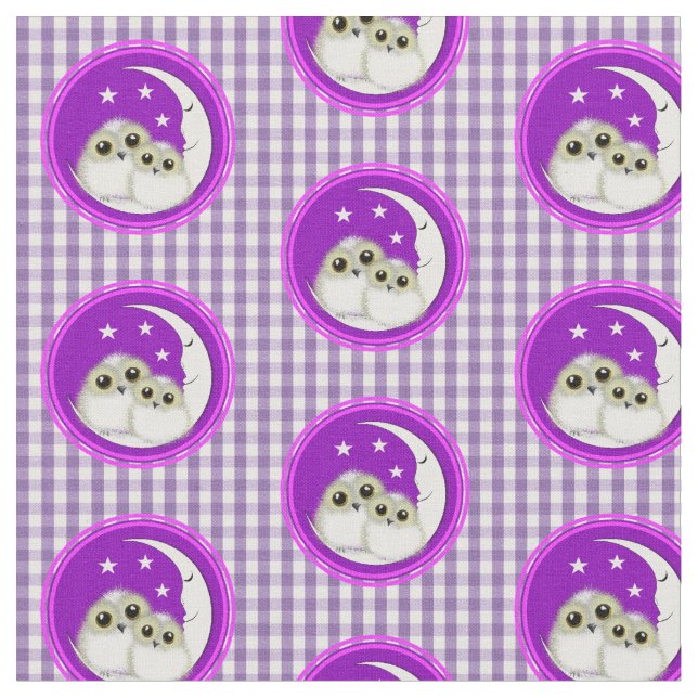 Owls Cute Purple White Gingham Plaid Fabric (Close Up)