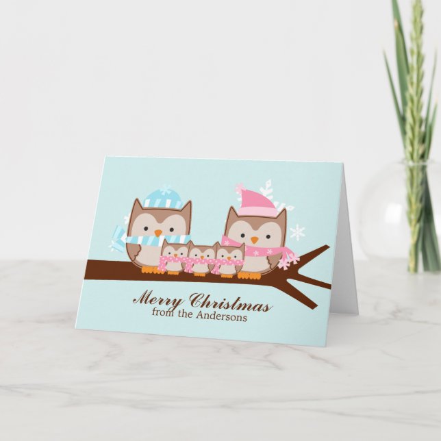Owls Family of 5 Christmas Holiday Card (Front)