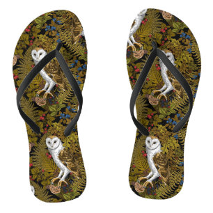 Owls, ferns, oak and berries 2 flip flops