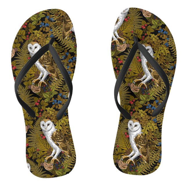 Owls, ferns, oak and berries 2 flip flops (Footbed)