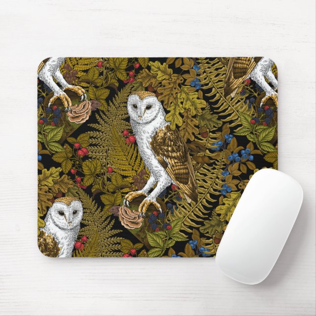 Owls, ferns, oak and berries 2 mouse mat (With Mouse)