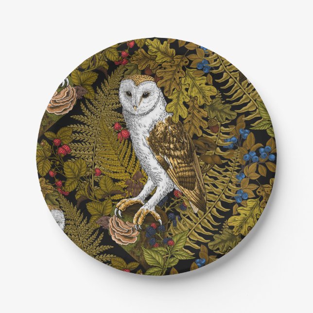 Owls, ferns, oak and berries 2 paper plate (Front)