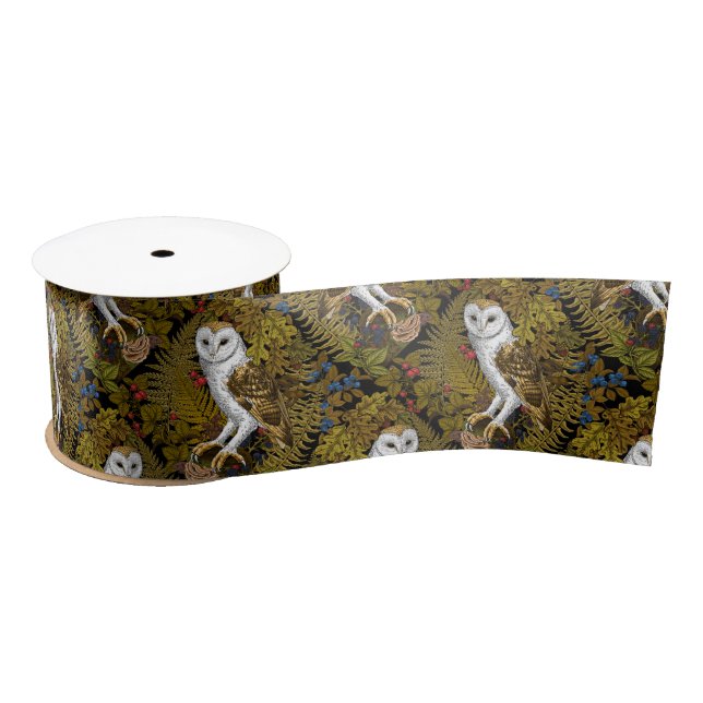 Owls, ferns, oak and berries 2 satin ribbon (Spool)