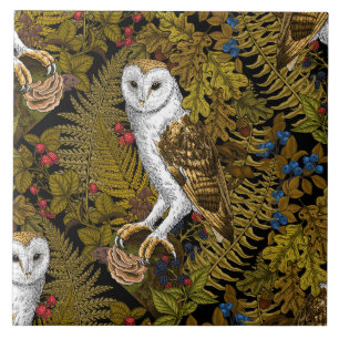 Owls, ferns, oak and berries 2 tile