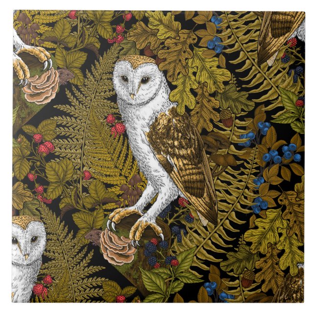 Owls, ferns, oak and berries 2 tile (Front)