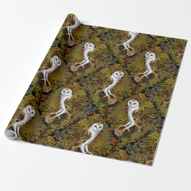 Owls, ferns, oak and berries 2 wrapping paper (Unrolled)