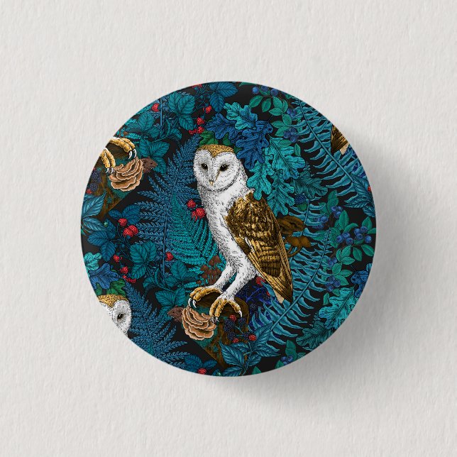 Owls, ferns, oak and berries 3 3 cm round badge (Front)