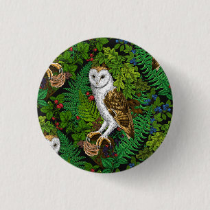Owls, ferns, oak and berries 3 cm round badge