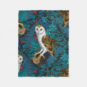 Owls, ferns, oak and berries 3 fleece blanket