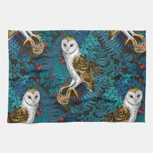 Owls, ferns, oak and berries 3 tea towel (Horizontal)