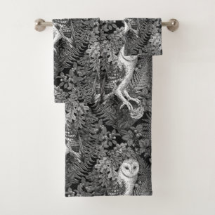 Owls, ferns, oak and berries 4 bath towel set