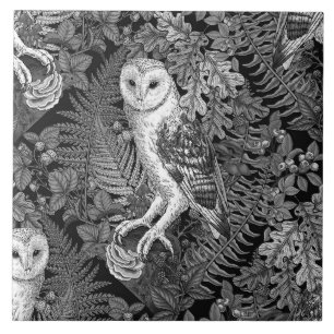 Owls, ferns, oak and berries 4 tile