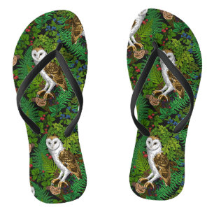 Owls, ferns, oak and berries flip flops