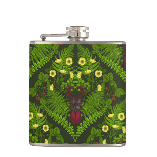 Owls, ferns, oak and berries hip flask