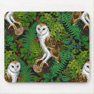 Owls, ferns, oak and berries mouse mat