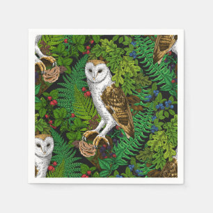 Owls, ferns, oak and berries napkin