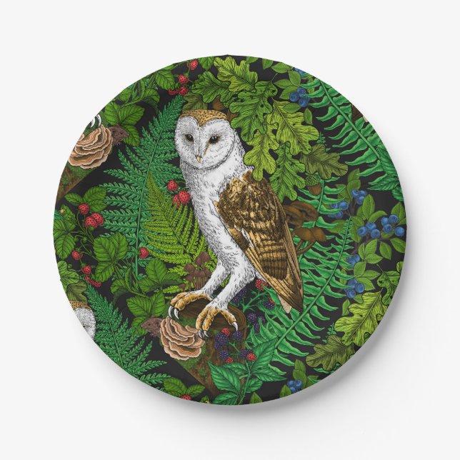 Owls, ferns, oak and berries paper plate (Front)