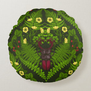 Owls, ferns, oak and berries round cushion
