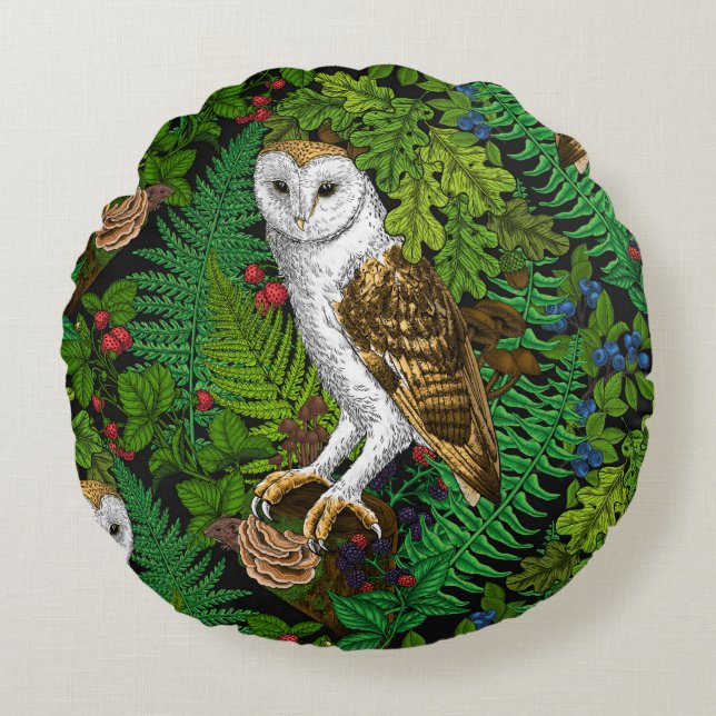 Owls, ferns, oak and berries round cushion (Front)