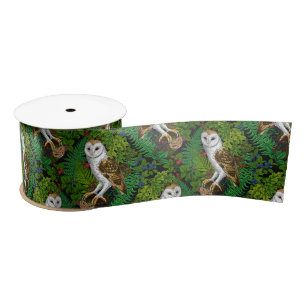 Owls, ferns, oak and berries satin ribbon