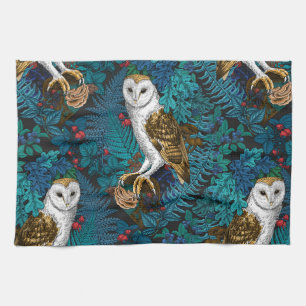 Owls, ferns, oak and berries tea towel