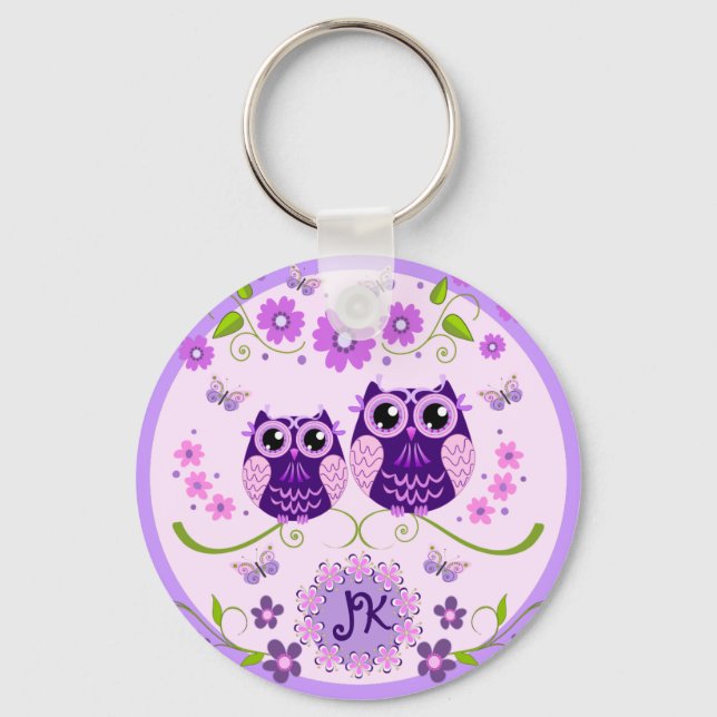 Owls, Flowers & Butterflies Custom Monogram Key Ring (Front)