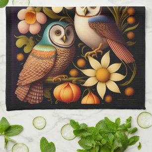 Owls & Flowers Modern Haeckel Tea Towel