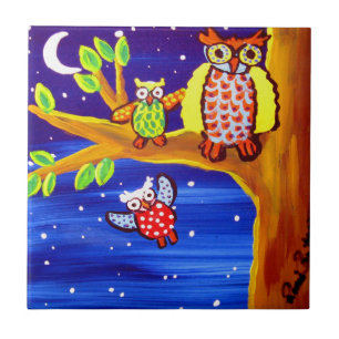 Owls Flying Lessons Folk Art Tile