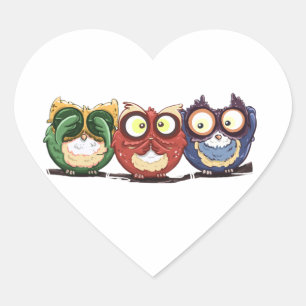 Owls Hoot See Speak Hear No Evil Heart Sticker