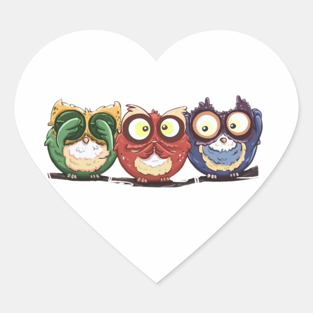 Owls Hoot See Speak Hear No Evil Heart Sticker (Front)